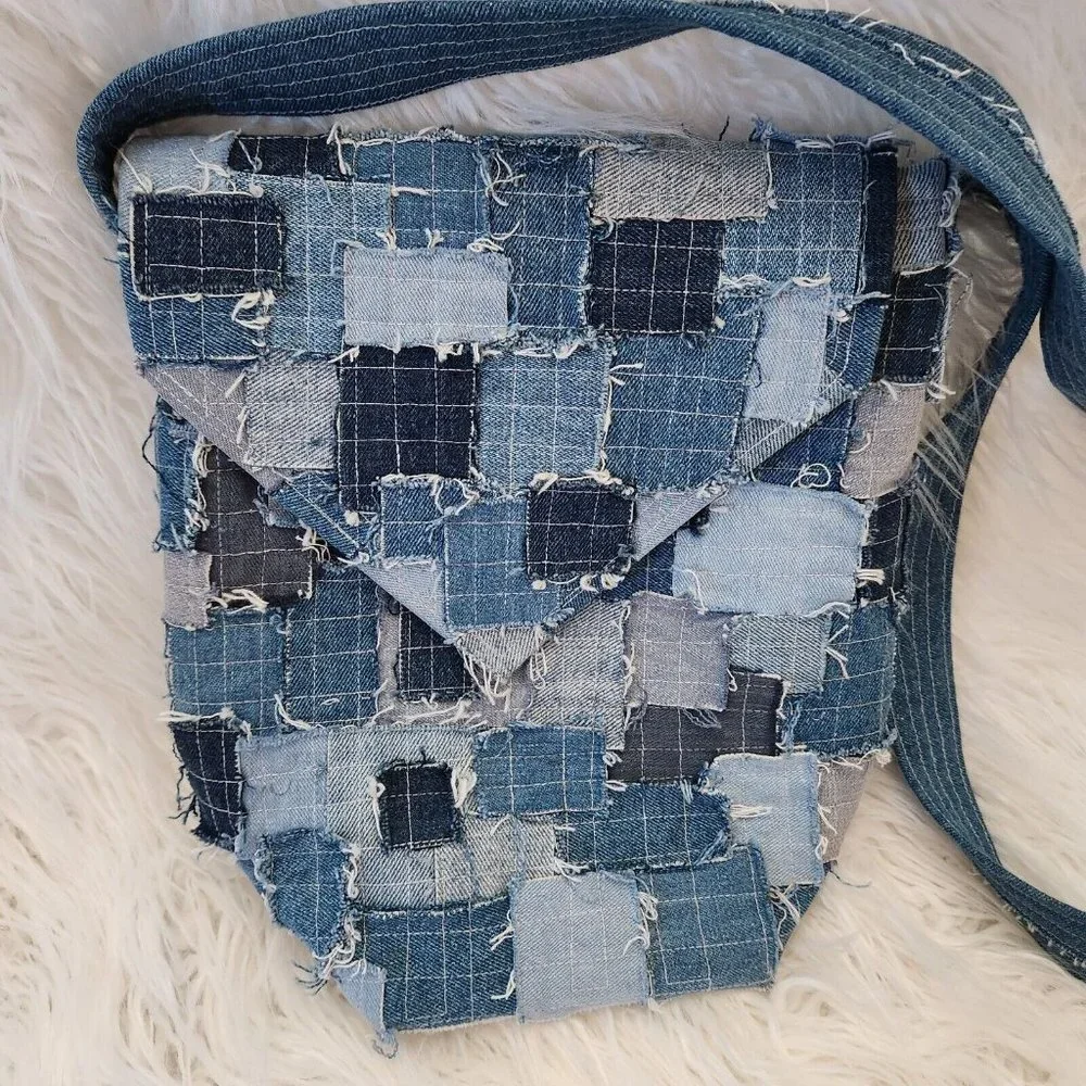 Denim Canvas Patchwork Crossbody Shoulder Bag Y2K Upcycle Bucket Boho Hippie‎ - Picture 2 of 14